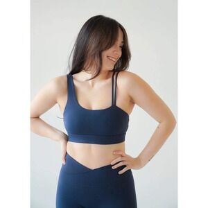 TSL Collection Navy Blue Flourish Asymmetrical Stretch Sports Bra Top Women XXL